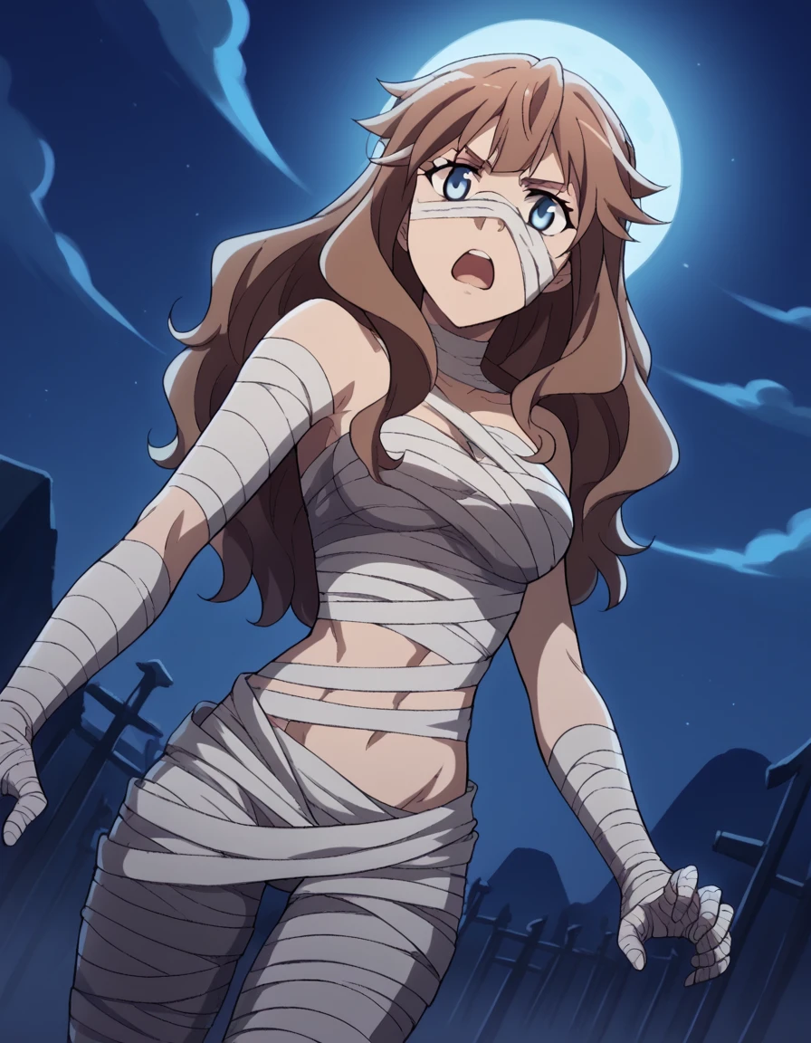 score_9, score_8_up, score_7_up, source_anime, <lora:fiore-forvedge-yggmillenia-apocrypha-s1-ponyxl-lora-nochekaiser:1>, fiore forvedge yggdmillennia, long hair, blue eyes, brown hair, sidelocks, medium breasts,, <lora:mummy-costume-ponyxl-lora-nochekaiser:1>, mummy costume, bandages, halloween costume, bandaged arm, zombie pose, bandage on face,, desert, moon, night, open mouth, , dutch angle, cowboy shot