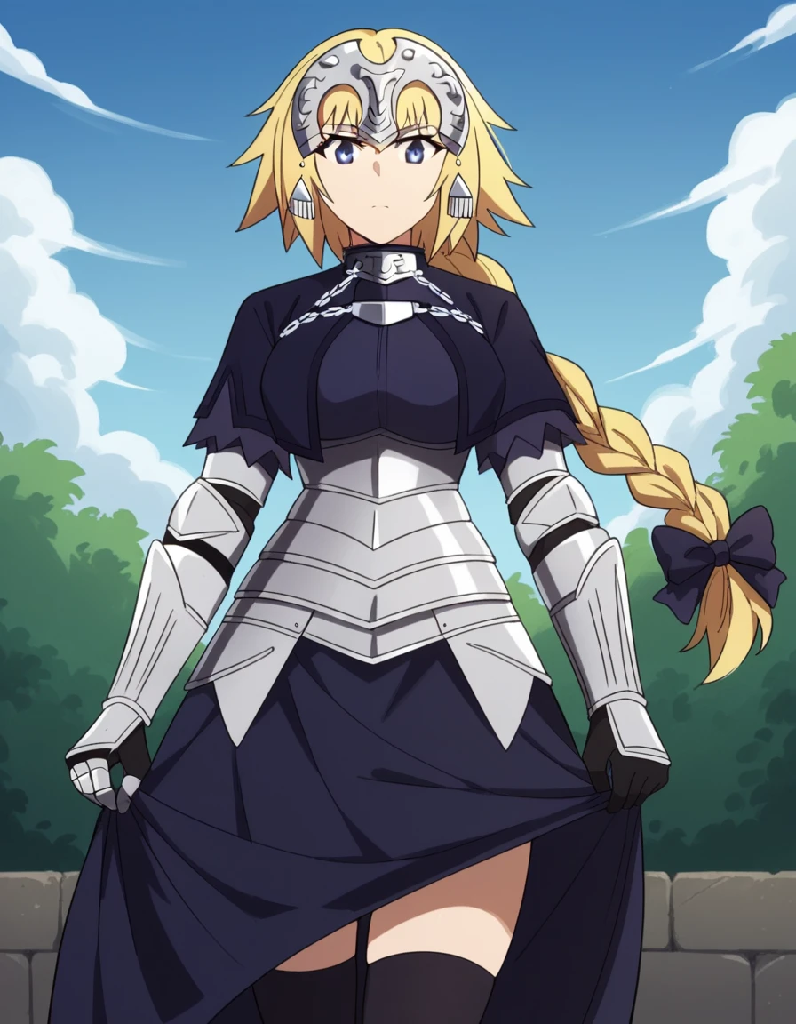 score_9, score_8_up, score_7_up, source_anime, <lora:jeanne-d-arc-apocrypha-s1-ponyxl-lora-nochekaiser:1>, jeanne d arc, blonde hair, blue eyes, long hair, large breasts,, armor, armored boots, armored dress, black gloves, black thighhighs, braid, dress, gauntlets, gloves, headpiece, blue dress, single braid, thighhighs,, laundry day, clothesline, drying clothes, domestic life, fresh air, blue sky, , v,, looking at viewer, solo,, dutch angle, cowboy shot