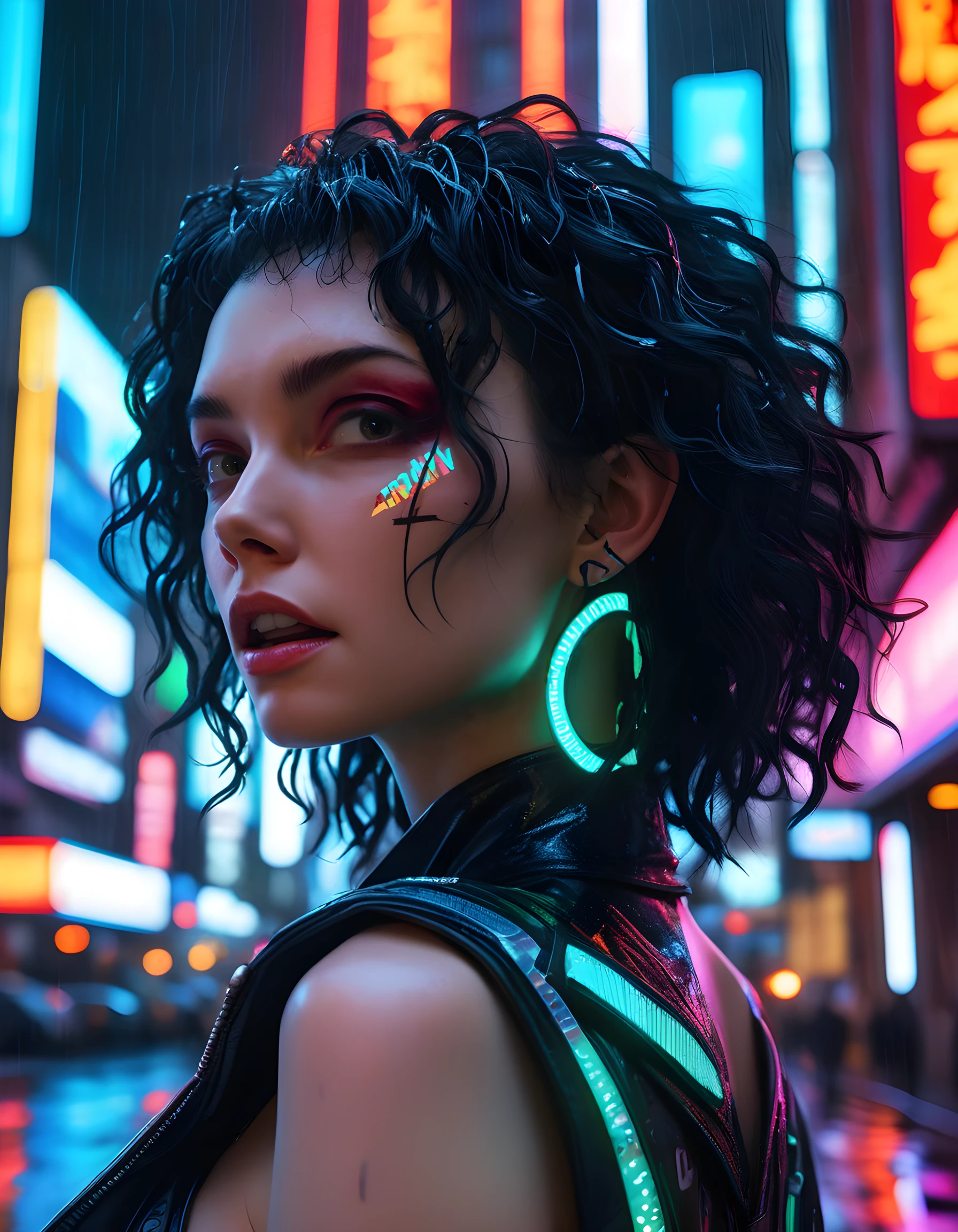 In a gritty, cyberpunk-inspired cityscape under the neon glow of holographic advertisements and rain-slicked streets, H4RP0N3S, a woman with jet-black hair cascading down her back in tight curls, her piercing black eyes reflecting the pulsating lights above. Her long, crimson lips are parted slightly, baring an array of glowing neon teeth that seem to pulse and flicker like the city around her. She wears a unique outfit, a blend of futuristic leather and synthetic materials, adorned with intricate holographic patterns and glowing lines that shift and change as she moves. Her piercings, including a pair of neon-lit earrings shaped like cybernetic eyes, catch the light as they dance along with her movements. The camera angle is low, looking up at her from below, capturing her defiant stare locked onto the viewer, exuding a sense of power and danger in the heart of this dystopian metropolis.