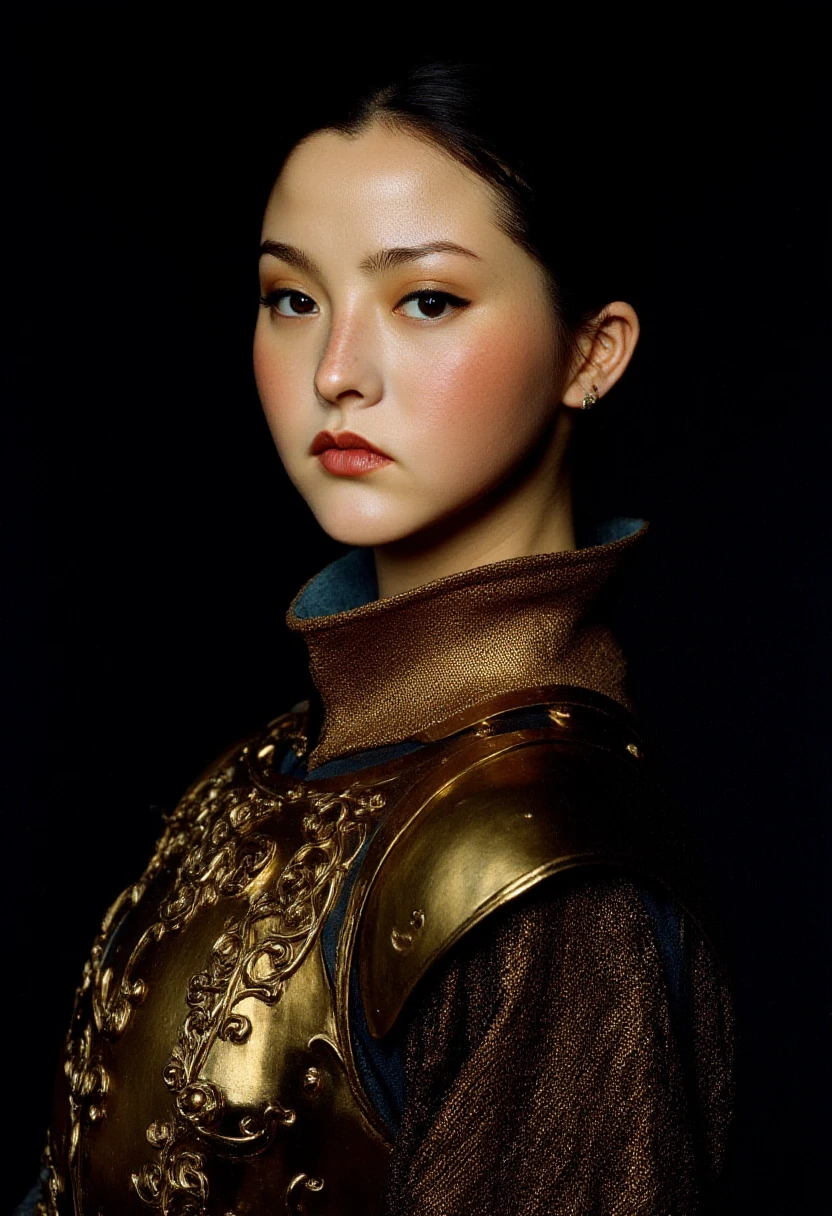 detailed renaissance oil painting, masterpiece, female opt-devonaoki japanese warrior in Armor, dramatic make-up, chiascuro, lighting on face closeup portrait <lora:dark_fantasy_lora:0.8>  <lora:OPT_-_Devon_Aoki_Flux:1> opt-devonaoki