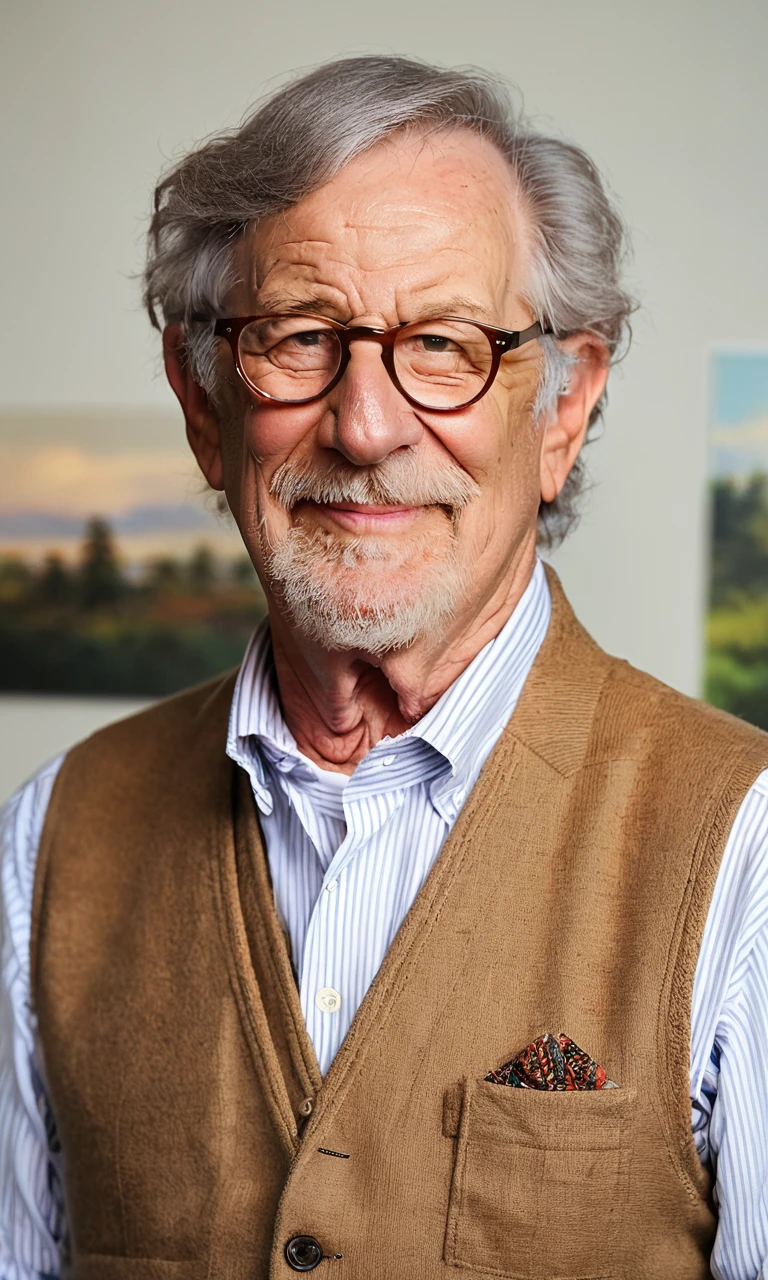 score_9, score_8_up, score_7_up, source_photo, (photography, realistic:1.2),1boy,spielberg,grey hair,glasses,solo,old,old man,brown vest,white collared shirt,upper_body,indoor