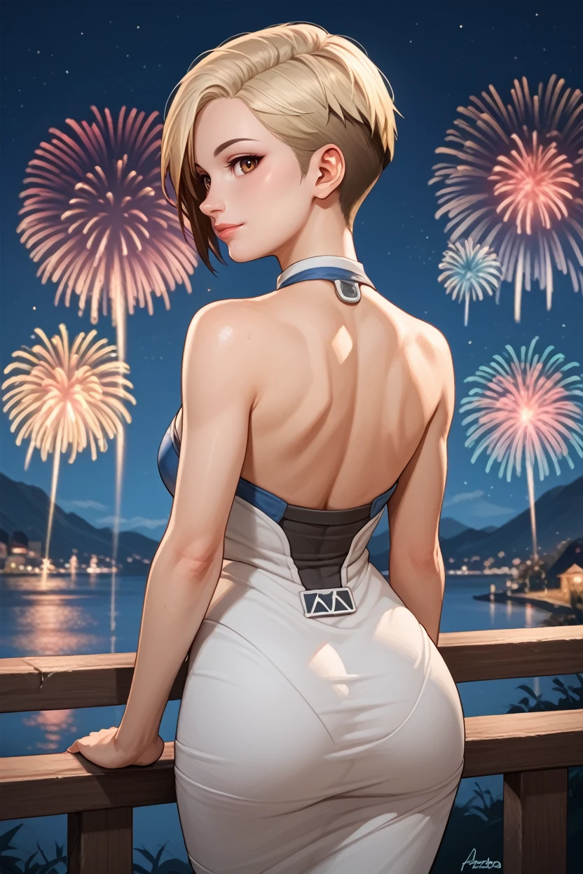 score_9, score_8_up, score_7_up,
<lora:MEACora:0.8>
MEACora, 1girl, blonde hair, multicolored hair, brown eyes, short hair, looking at viewer, from behind, cowboy shot, dress, looking back, fireworks, at night