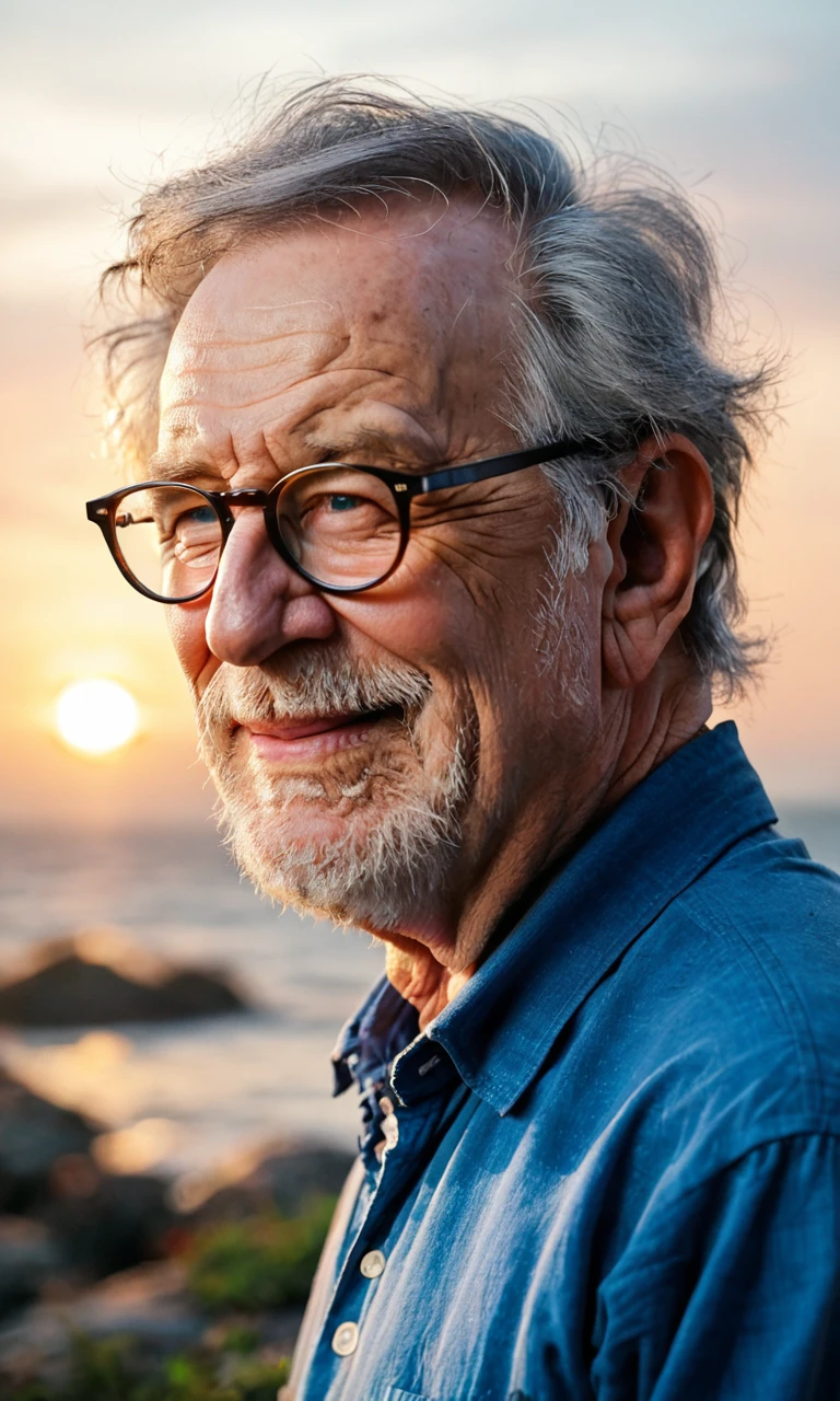 from side,score_9, score_8_up, score_7_up, source_photo, (photography, realistic:1.2),1boy,spielberg,grey hair,glasses,solo,old,old man,blue shirt,sunset,outdoor,contre-jour