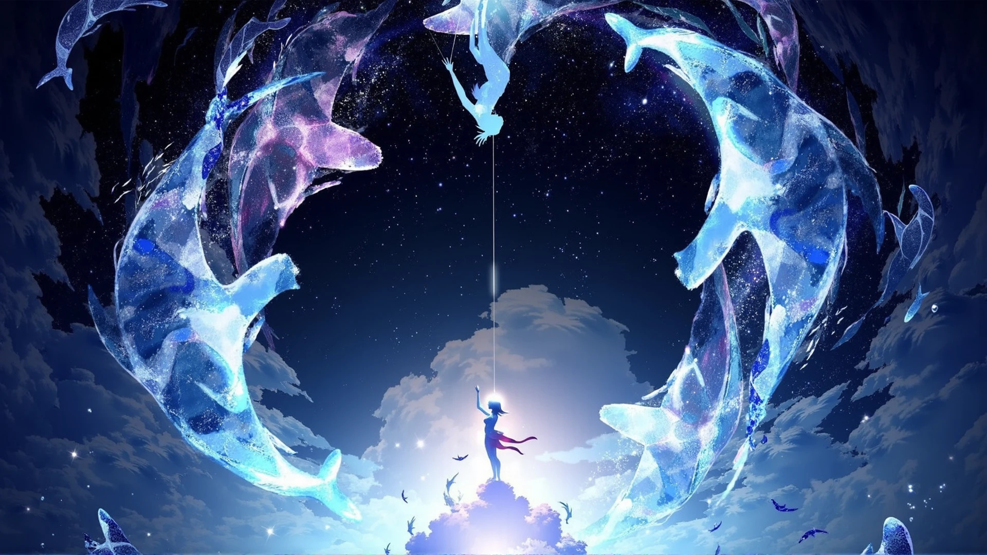 breathtakingly surreal and dynamic scene, with an emphasis on fluid movement and fantastical elements. It seems to merge both underwater and celestial themes in a strikingly creative way.
At the center of the composition are two human figures: one at the top, upside down, and the other below, reaching upward. The figure on top seems to be diving or falling, while the one below stands on a cloud-like formation, looking up at the other. The scene between them creates a mirror-like effect, as though they are on opposite sides of a reflective surface of water or sky.
Surrounding the figures is a swirl of translucent whale-like creatures, seemingly made of light or water, swimming in a circular motion. The whales glow in soft shades of blue, purple, and white, adding to the ethereal and dreamlike atmosphere. The circular motion gives the impression that the characters are caught in a vortex or cycle, as if the whales are guiding them in this magical flow.
Above, the background is dark and starry, giving a night-sky feel, while the lower half of the image is bright with light and soft clouds, suggesting a more heavenly or dreamlike realm. The entire scene blends elements of the ocean, sky, and fantasy, creating an imaginative world where reality and dreams intermingle.
The composition is full of movement and energy, evoking feelings of transcendence, interconnectedness, and wonder, as if the figures and the whales are part of a cosmic or magical journey.
,  <lora:makinaflux_bluedream_v1.0:1>