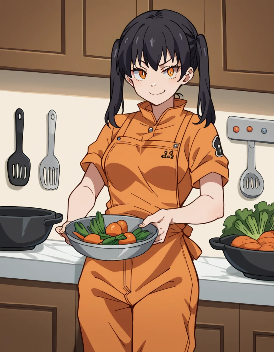 score_9, score_8_up, score_7_up, source_anime, <lora:tamaki-kotatsu-s1s2-ponyxl-lora-nochekaiser:1>, tamaki kotatsu, long hair, bangs, black hair, twintails, medium breasts, yellow eyes, orange eyes,, jumpsuit, orange jumpsuit, kitchen, cooking, apron, cutting vegetables, home cooking, smile, v, v over mouth, smug,, looking at viewer, solo,, dutch angle, cowboy shot