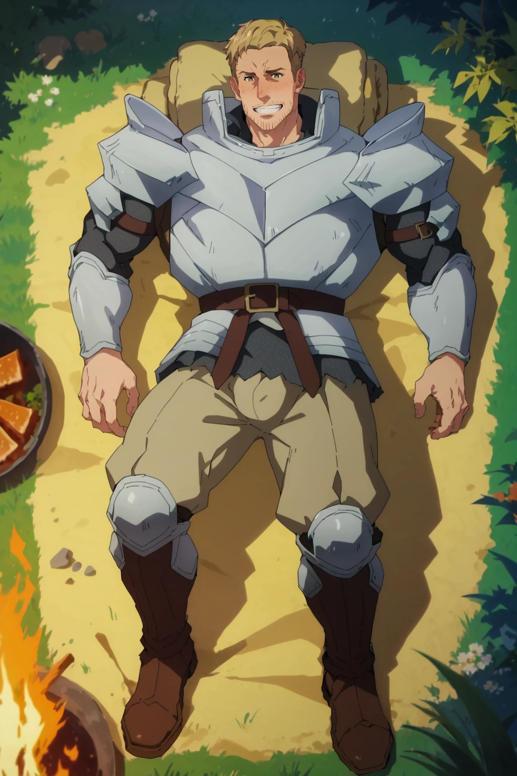 score_9,score_7_up,score_6_up,score_5_up,score_4_up, 1boy, solo, bara, muscular male, beard, blonde hair, green eyes, ear blush, nose blush, outdoors, narrow waist, grin, lying on back, on back, from above, full body, belt, armor, massive penis outline, thick penis outline, perfect anatomy, perfect proportions, best quality, masterpiece, high_resolution, high quality, best aesthetic, incredibly absurdres, highres, extremely detailed, huge filesize, source_anime \(campfire cooking in another world with my absurd skill\), sharp shadows, direct lighting, vibrant colors, glow effect, bloom, edge color fringing, chromatic aberration, Werner from anime \(Campfire cooking in another world with my absurd skill\),  <lora:add-detail-xl:1>,  <lora:Anime Summer Days 2 Style SDXL_LoRA_Pony Diffusion V6 XL:0.8>,  <lora:Werner_-_Campfire_cooking_in_another_world_with_my_absurd_skill-vtest1:1>