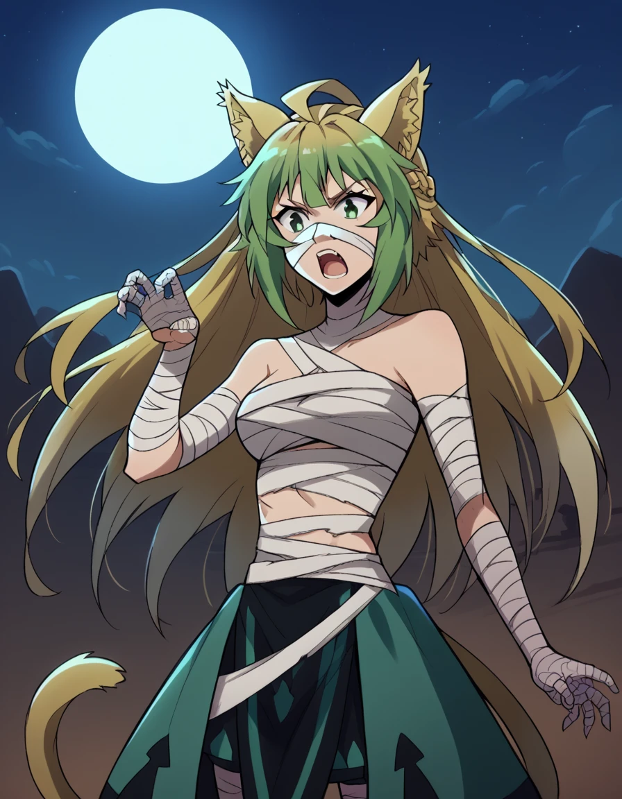 score_9, score_8_up, score_7_up, source_anime, <lora:atalanta-apocrypha-s1-ponyxl-lora-nochekaiser:1>, atalanta, animal ears, blonde hair, cat ears, cat girl, cat tail, green eyes, green hair, hair between eyes, long hair, multicolored hair, tail, medium breasts,, <lora:mummy-costume-ponyxl-lora-nochekaiser:1>, mummy costume, bandages, halloween costume, bandaged arm, zombie pose, bandage on face,, desert, moon, night, open mouth, , dutch angle, cowboy shot