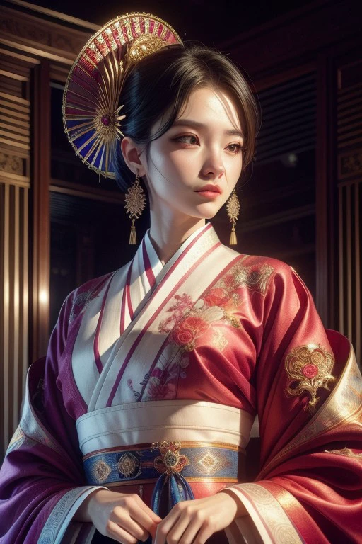 (High quality), (masterpiece), (detailed), 8K, A captivating hyper-realistic portrait of a Korean woman, her upper body adorned in exquisite traditional hanbok. (Vibrant silk1.3) flows gracefully, showcasing intricate embroidery and (delicate patterns1.3). Her (elegant pose1.2) highlights the (sophisticated design1.2) of the attire, while her (gentle expression1.2) exudes a sense of cultural pride. (Soft lighting1.2) illuminates the scene, emphasizing the (rich textures1.2) and (subtle details1.2) of the fabric.