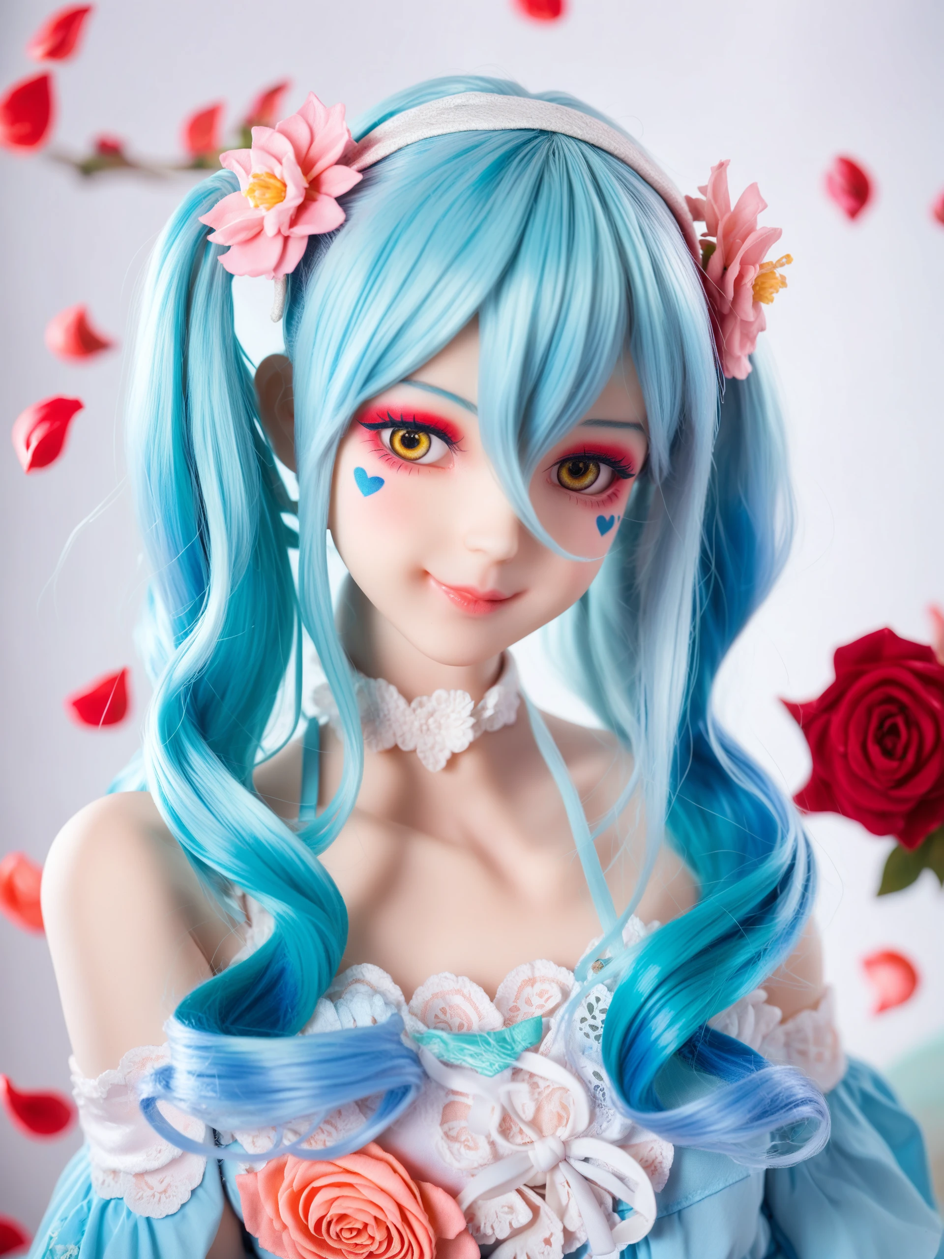 score_9,score_8_up,score_7_up,photo background,
1girl, real world location, photo background, the real background, solo, yellow eyes, looking at viewer, bare shoulders, long hair, petals, hair ornament, collarbone, makeup, blue hair, facial mark, closed mouth, multicolored hair, upper body, white background, choker, hair between eyes, aqua hair, smile, eyeshadow, twintails, flower, dress, blurry, depth of field, falling petals, red eyeshadow, gradient hair, pink lips, light blue hair, hair flower, aqua nails, white choker, A young girl with long blue hair and a white headband. she has a big smile on her face and is looking directly at the camera. her hair is styled in loose waves and falls over her shoulders. she is wearing a pink dress with a floral pattern and has two small flowers in her hair. the background is blurred, but it appears to be an outdoor setting with trees and buildings. there are red rose petals scattered around the girl's face, adding a pop of color to the image
