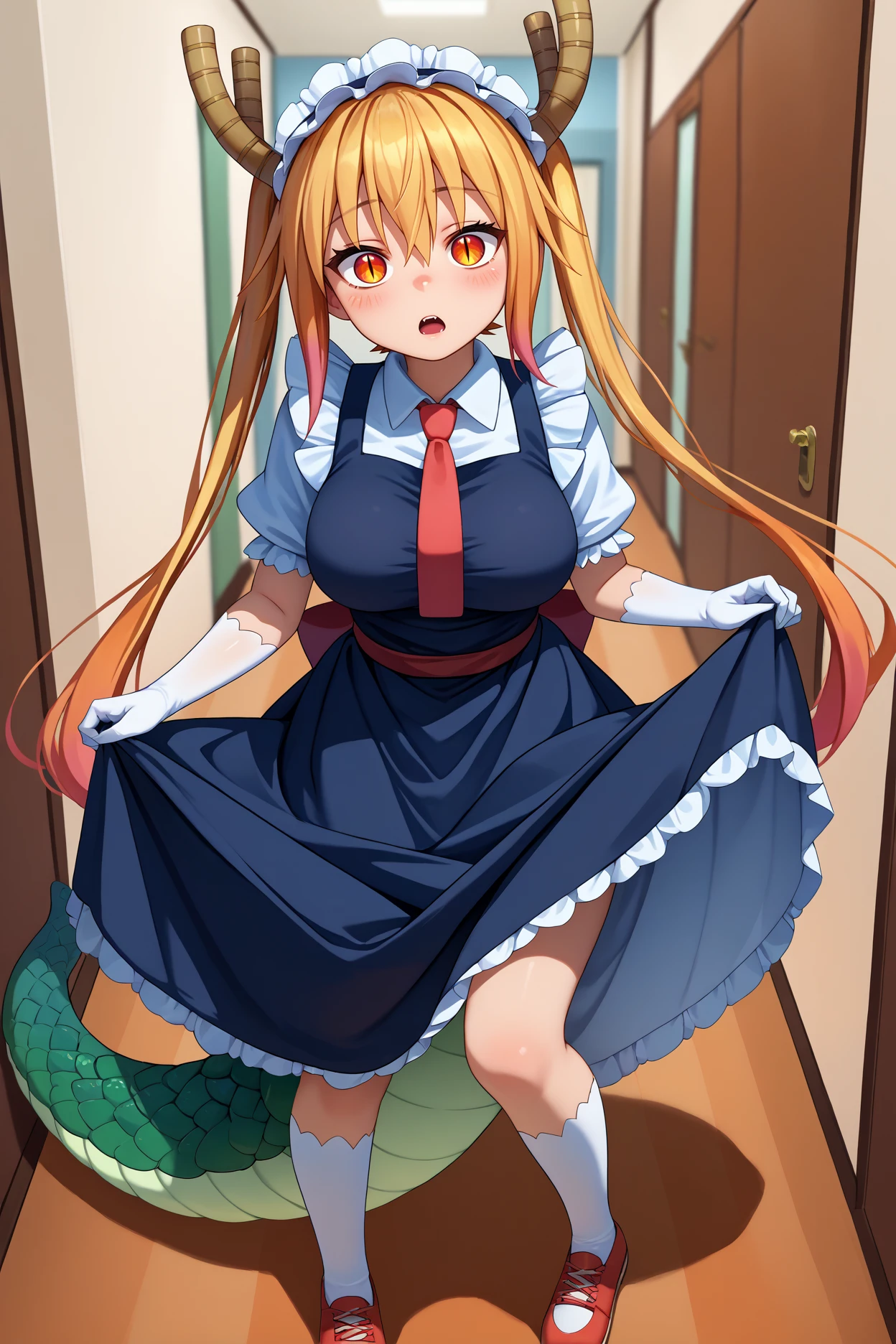 score_9, score_8_up, score_7_up, score_6_up, source_anime, 1girl, solo, <lora:tohru-pdxl-nvwls-v1-000005:1> mdrgtru, blonde hair, twintails, orange hair, gradient hair, orange eyes, slit pupils, horns, headdress, white shirt, collared shirt, red necktie, short sleeves, puffy sleeves, black dress, frills, sash, white gloves, elbow gloves, large breasts, dragon tail, full body, hallway, skirt hold, looking at you, blush, open mouth