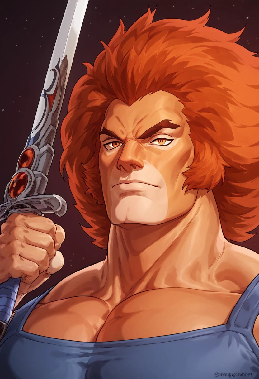 score_9,score_8_up,score_7_up, very detailed, highly detailed texture, (highly detailed face, (perfect face, perfect eyes)), 1boy, solo, male focus, Lion-O, Thundercats 1985, Humanoid male, strong jaw line, prominent cheekbones, Orange cream tan skin,  peachy beige color around his mouth and eyelids, wild, fiery red-orange mane of hair, which is styled in a voluminous, wind-swept look that flares outward, almost like a lion's mane, muscular build, tall body, strong and big muscles, thick and strong eyebrows, angular shape. slightly arched, with a tapered end that points towards the sides of his face, dark orange eyes, feline eyes, eyeliner, sword in hand, best shadows, perfect reflections, volumetric, detailed image, high resolution, defined faces, sharp definition, male focus, male naked laying on his back, naked, background a royal bed