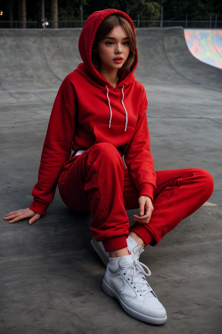 DV4_Stephanie_Vicious 
(very skinny, slim, slender, narrow waist, long legs abs:1.4) BREAK  (Flirty:1.4)
(Lying on her back at a half pipe skate board park:1.5)
BREAK (wearing Red Baggy Pants and a red hoodie and sneakers:1.4)BREAK
(Photo Focus, DOF, Aperture, insanely detailed and intricate, character)(((Lens Flare:1.3)))
<lora:more_details:0.3> <lora:exposure_control_v10:-0.3>