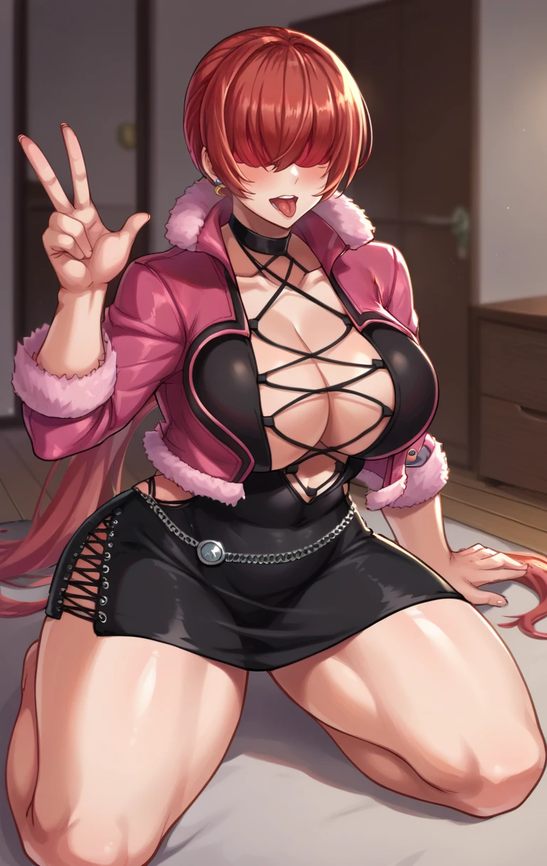 score_9,score_8_up,score_7_up BREAK <lora:shermie10:1>,ShermieSDXL,1girl,solo,long hair,large breasts,dress,cleavage,jewelry,jacket,ponytail,thighs,red hair,earrings,choker,black dress,lips,fur trim,clothing cutout,short dress,cleavage cutout,lipstick,cropped jacket,hair over eyes,pink jacket,split ponytail,room,room background,kneeling, v, tongue out,