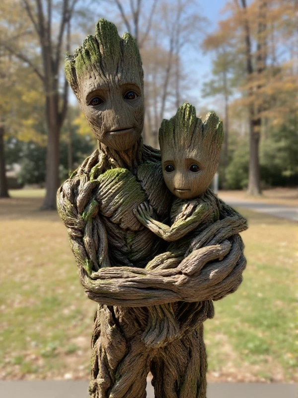 a realistic photo of Adult Groot holding baby groot in a park <lora:Groot:0.9>