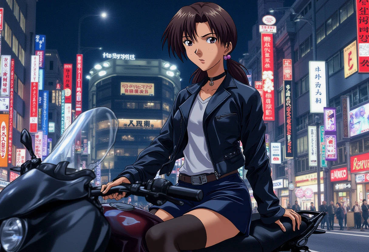 A detailed solo portrait of horaki hikari
Anime style, sharp, high contrast and highly detailed.,
<lora:evangelion_horaki_hikari_512_flux_v2_2-000020:1>,
. She is sitting on a black motorcycle. She wears leather jacket, a choker, short skirt and black stockings. She looks haughty. Tokyo city nightscape in the background.