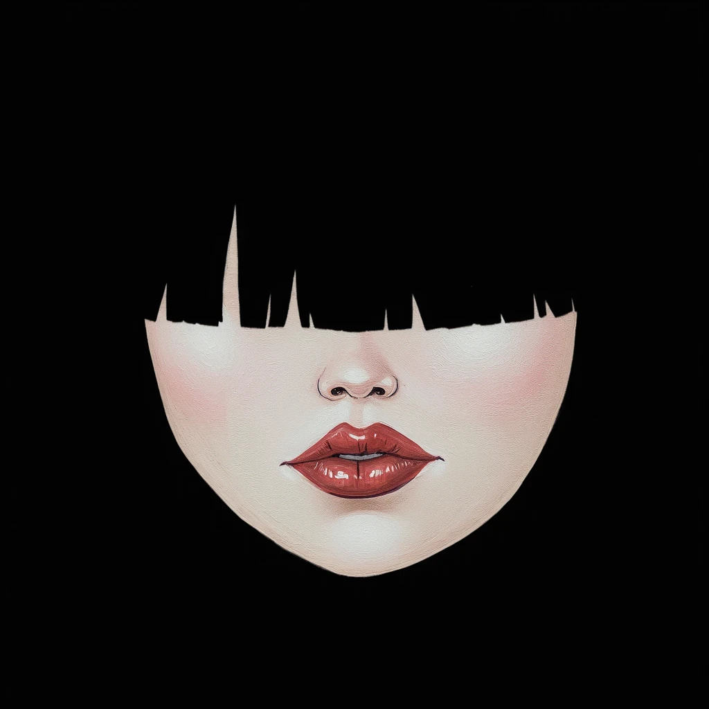 dcho, womans face closeup eyes covered by bangs black hair black background