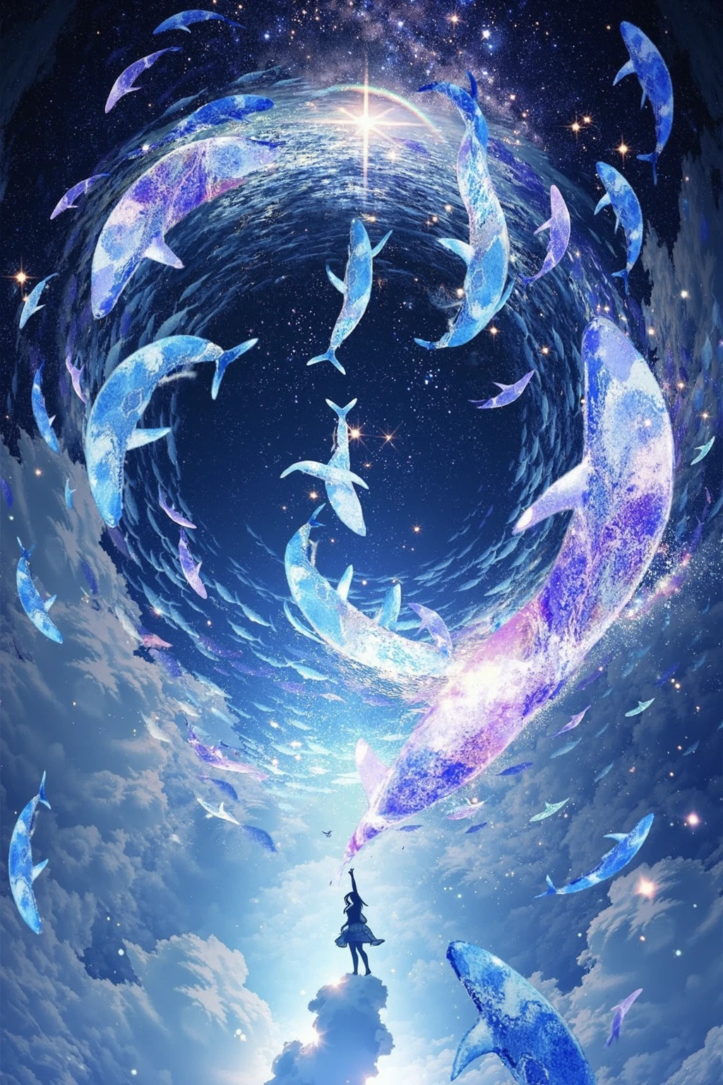 breathtakingly surreal and dynamic scene, with an emphasis on fluid movement and fantastical elements. It seems to merge both underwater and celestial themes in a strikingly creative way.
At the center of the composition are two human figures: one at the top, upside down, and the other below, reaching upward. The figure on top seems to be diving or falling, while the one below stands on a cloud-like formation, looking up at the other. The scene between them creates a mirror-like effect, as though they are on opposite sides of a reflective surface of water or sky.
Surrounding the figures is a swirl of translucent whale-like creatures, seemingly made of light or water, swimming in a circular motion. The whales glow in soft shades of blue, purple, and white, adding to the ethereal and dreamlike atmosphere. The circular motion gives the impression that the characters are caught in a vortex or cycle, as if the whales are guiding them in this magical flow.
Above, the background is dark and starry, giving a night-sky feel, while the lower half of the image is bright with light and soft clouds, suggesting a more heavenly or dreamlike realm. The entire scene blends elements of the ocean, sky, and fantasy, creating an imaginative world where reality and dreams intermingle.
The composition is full of movement and energy, evoking feelings of transcendence, interconnectedness, and wonder, as if the figures and the whales are part of a cosmic or magical journey.
,  <lora:makinaflux_bluedream_v1.0:1>