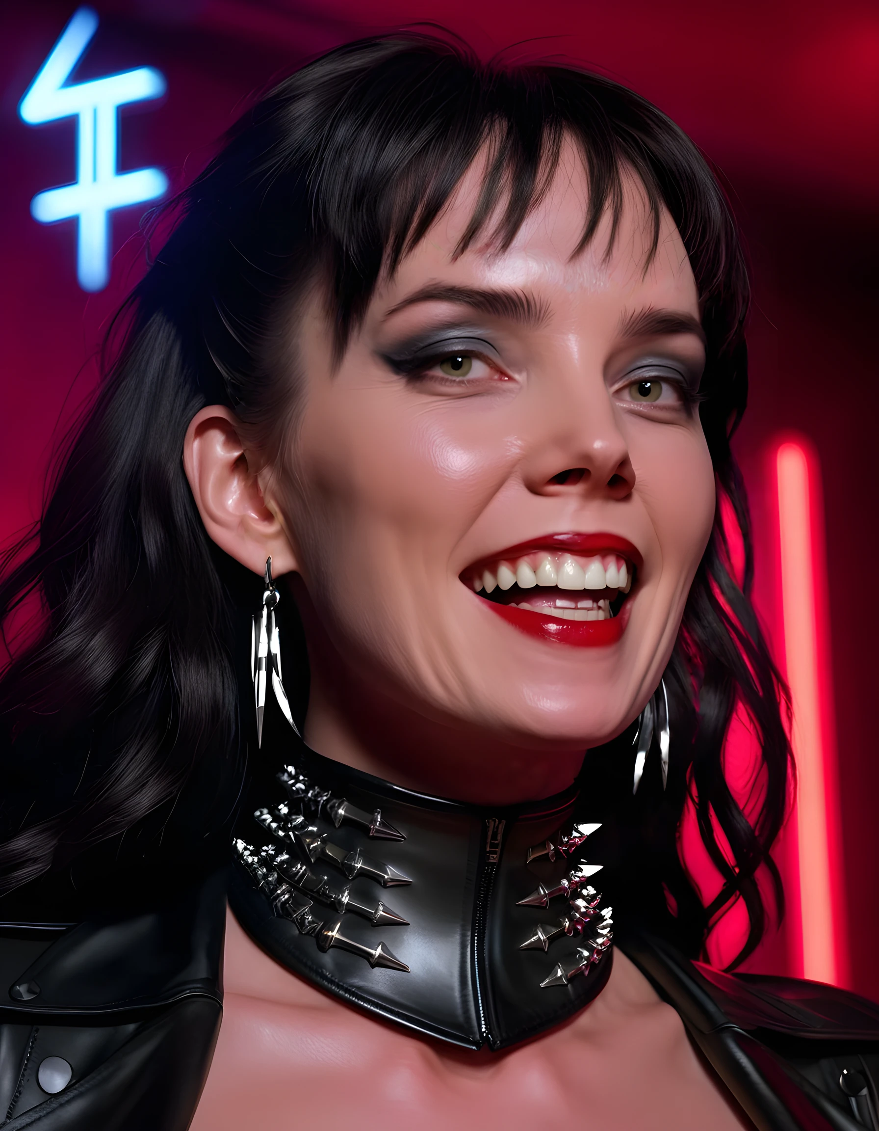 In a dark, neo-noir setting of a dimly lit speakeasy hidden within the labyrinthine depths of a futuristic city, a woman named H4RP0N3S stands center-stage against a blood-red velvet backdrop. Her long, jet-black hair cascades down her shoulders in loose waves, catching the intermittent beams of neon light that pierce through the smoke-filled air. She wears a unique outfit consisting of a high-collared, form-fitting black leather corset adorned with silver spikes, paired with matching thigh-high boots. Her face is framed by a pair of large, gothic-style earrings that glint ominously in the low light. A wicked smile graces her lips as she flashes a set of impossibly white, jagged teeth, all while maintaining an air of enigmatic seduction and danger in her poised and confident pose, captured in a close-up shot from below, emphasizing the dramatic shadows cast across her face and highlighting the intricate details of her striking makeup.