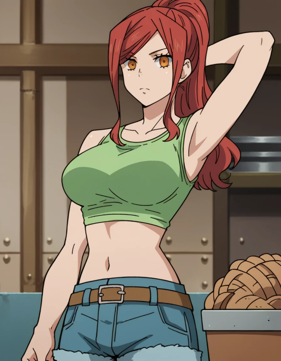 score_9, score_8_up, score_7_up, source_anime, <lora:lisa-isaribe-s1-ponyxl-lora-nochekaiser:1>, lisa isaribe, long hair, ponytail, red hair, orange eyes, large breasts,, navel, shorts, midriff, belt, pants, crop top, tank top, denim, jeans, cutoffs, green tank top, farmers market, fresh produce, local vendors, baskets, sunny day, community, , hand behind head, , looking at viewer, solo,, dutch angle, cowboy shot