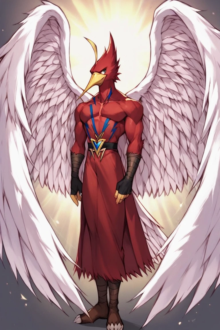 score_9, score_8_up, score_7_up, s anime origin, furry Hummingbird neo spacian air hummingbird, Angelic wings, full body, Male focus, Standing facing viewer,front view