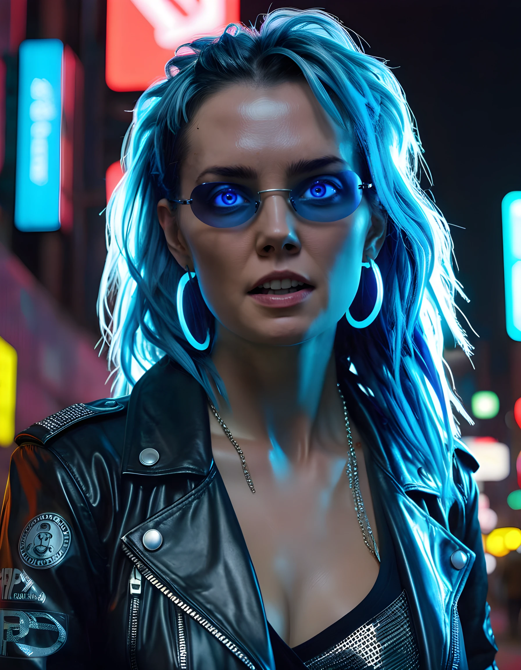 In a gritty, neon-lit cyberpunk alleyway of a dystopian metropolis, the camera captures a close-up image of H4RP0N3S, a woman with long, electric blue hair cascading down her shoulders and adorned in a fitted leather jacket with glowing silver accents. Her piercing red eyes are fixed intently on the viewer, her lips curled into a knowing smirk as she flashes a row of glistening silver teeth. A pair of large, reflective sunglasses perched precariously atop her head, while multiple earrings and intricate jewelry pieces glint in the dim light. Her shirt, a mesh material revealing toned abs, pulses with neon patterns synced to the heartbeat of the city. The emotional tone is one of defiance and confidence as she stands tall against a backdrop of holographic billboards advertising for various illicit goods and services, her body language exuding an air of power in this digital wasteland.