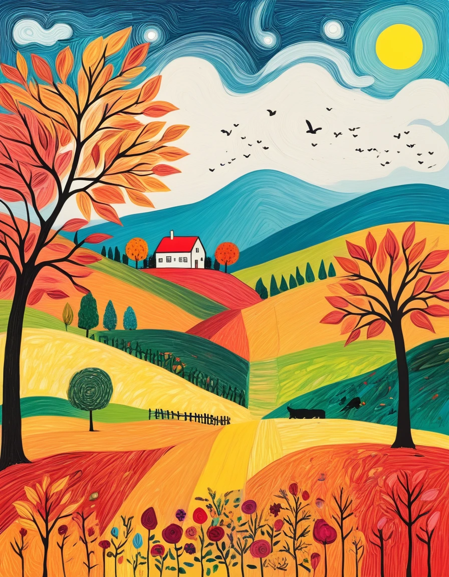 novuschroma style landscape in autumn naive art