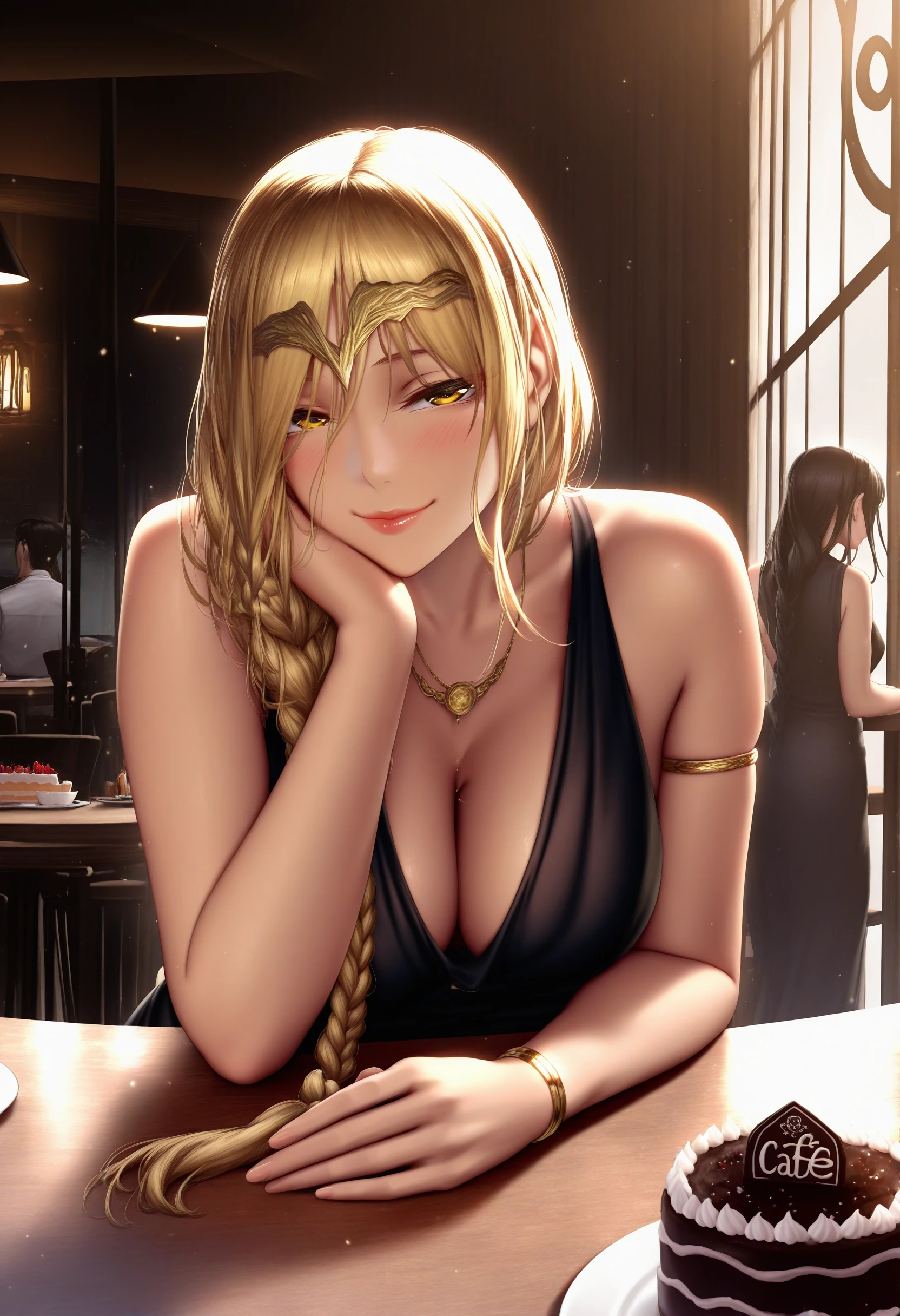 artist:bigpeaches, artist:lun7732, artist:tanabe kyou, artist:antechinus, realistic, masterpiece, best quality, 1girl, QueenMarika, yellow eyes, single braid, jewelry, necklace, forehead jewel, armlet, black dress, cleavage, <lora:QueenMarika_illusXL_Incrs_v1.1:1>, <lora:ChamIllustriousBackgroundEnhancer:0.8>, upper body, pov across table, table, cafe, seductive smile, food, cake, elbow rest, solo focus, solo,