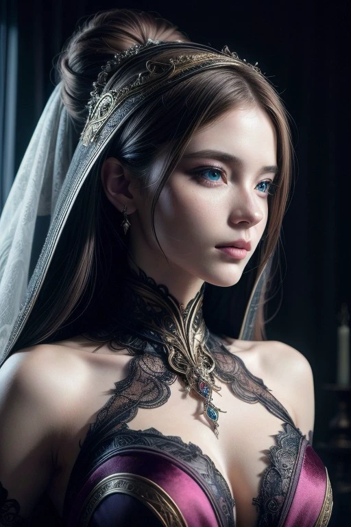 (high quality), (masterpiece), (detailed), 8K, Hyper-realistic portrait of a captivating woman, her upper body adorned in the elegant attire of a Baobhan Sith. (Intricate lace1.2) and (velvet textures1.2) enhance her ethereal beauty, while (piercing eyes1.3) exude an otherworldly allure. (Pale skin1.2) glows under soft lighting, creating an enchanting atmosphere.