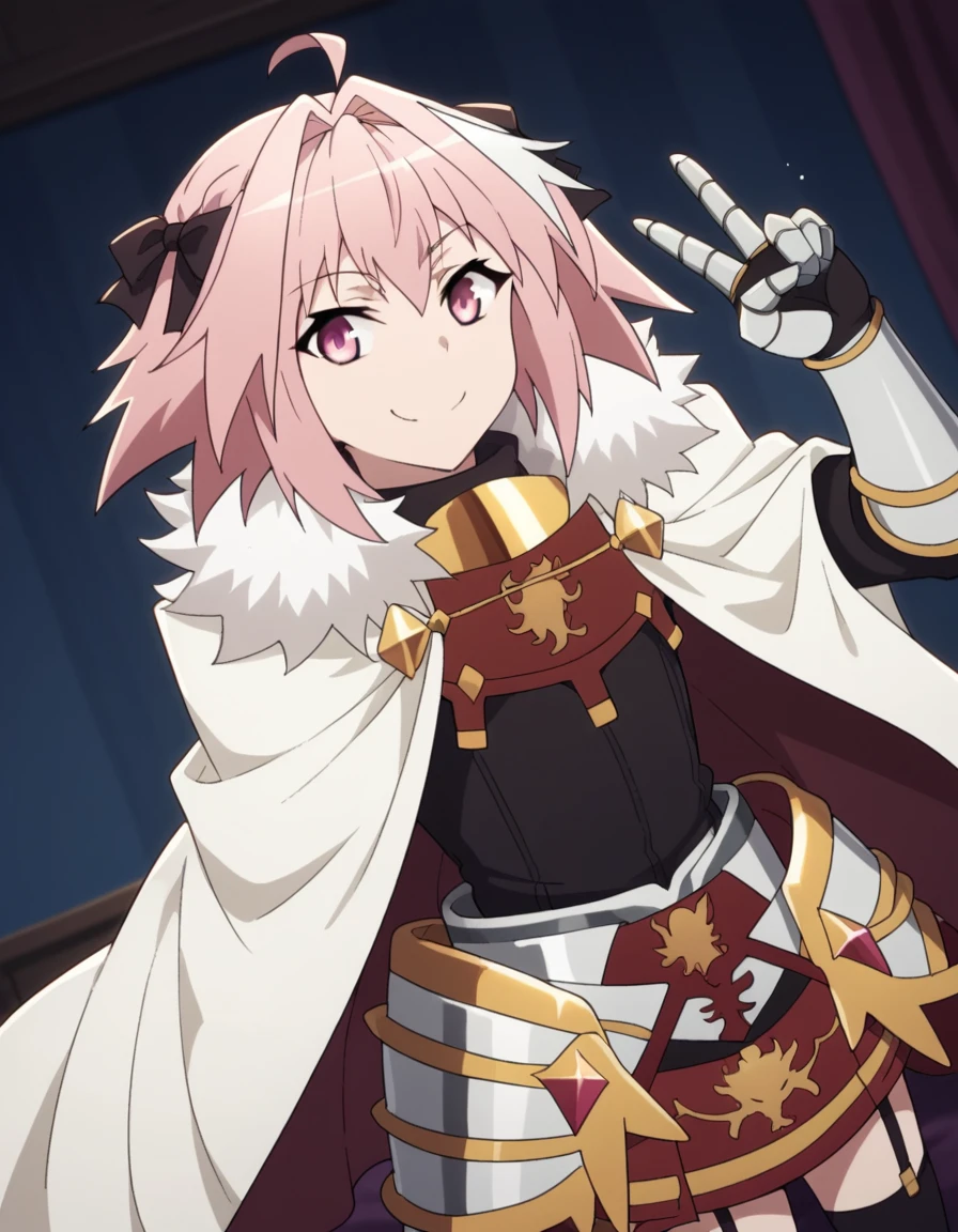 score_9, score_8_up, score_7_up, source_anime, <lora:astolfo-apocrypha-s1-ponyxl-lora-nochekaiser:1>, astolfo, long hair, pink eyes, hair ribbon, pink hair, braid, ahoge, white hair, male focus, multicolored hair, streaked hair, single braid, otoko no ko, long braid,, thighhighs, black thighhighs, cape, armor, fur trim, garter straps, gauntlets, cloak, white cape,, bedroom, alarm clock, morning routine, yawning, stretching, on bed,, smile, v, v over mouth, smug,, looking at viewer, solo,, dutch angle, cowboy shot