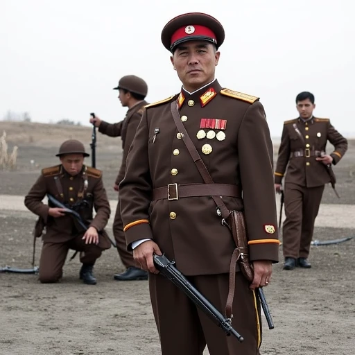 dressed in a dark brown military uniform adorned with various medals and insignia. His uniform features a peaked cap with a red visor and a gold emblem on the front, all dressed in military uniforms, including red, including rifles and machine guns.   The soldier on the far left is kneeling, relaxed moment. The soldiers are positioned in a barren, indicating cold weather conditions. They are equipped with various weapons