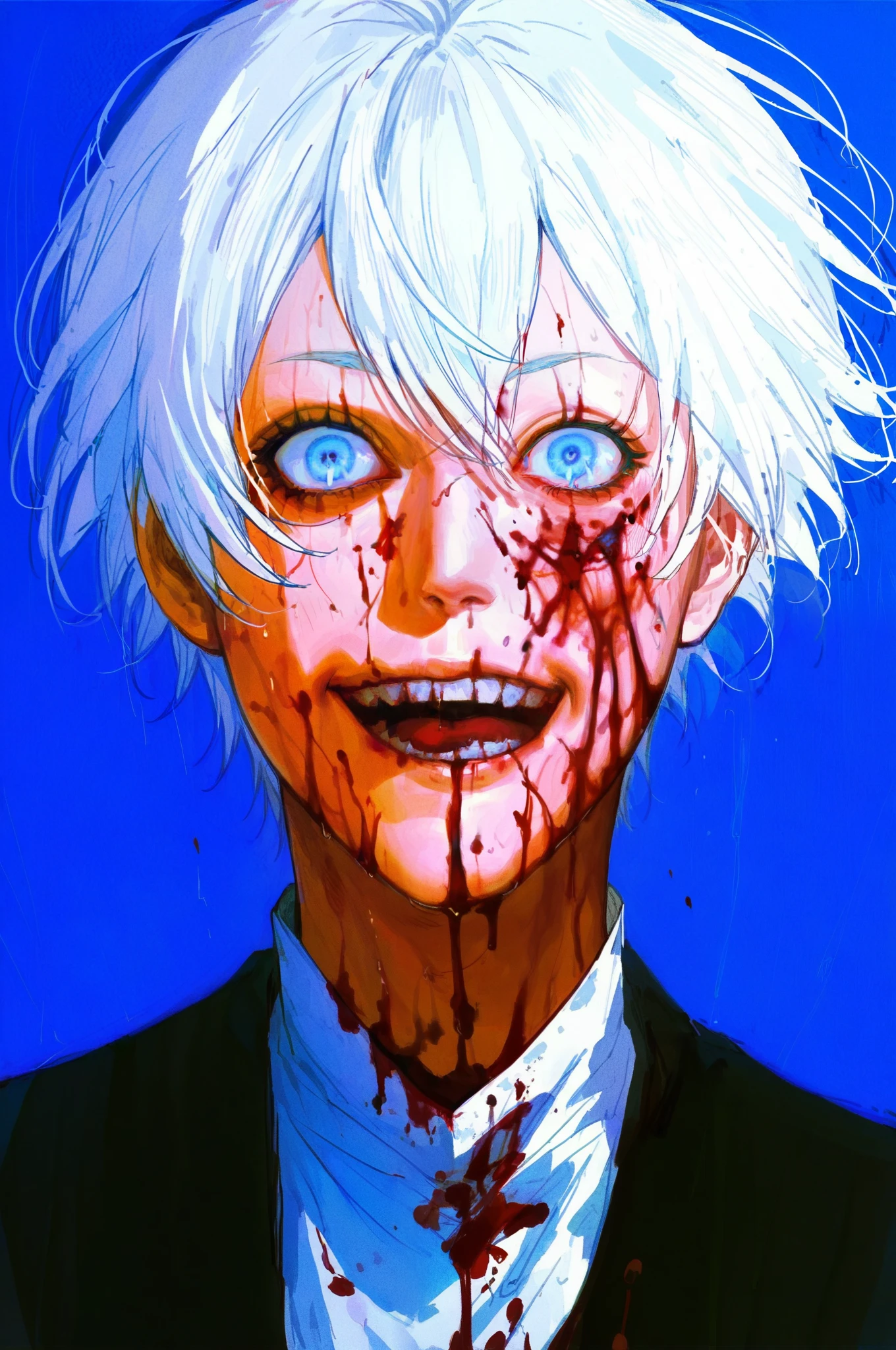 score_9, score_8_up, score_7_up,a close up of a person with a bloody face, blue background, 1boy, solo, blood, blue eyes, male focus, white hair, gojou satoru, blood on face, short hair, horror theme, darkness, laugh, crazy,