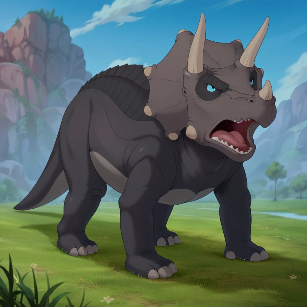 score_9, score_8_up, score_7_up, score_5_up, source_furry, Topsylbt, feral, male, triceratops, grey skin, dinosaur, standing, in a field, yelling, <lora:7dd20ead-fe91-4725-b9af-b8a686544ae3:0.7>