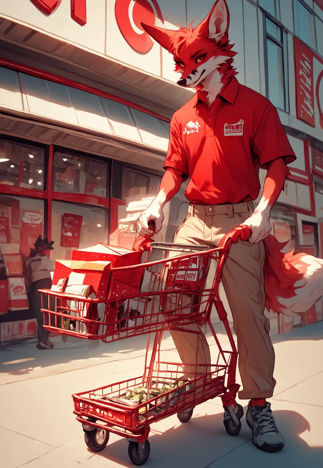 r3dsh1rtd3m0n, A (furry fox male:1.3) wearing a (red crew neck shirt:1.4) and (khaki pants:1.2), joyfully riding in a (shopping cart:1.3) outside a (red dot retail box store:1.4), surrounded by a (red aesthetic:1.5), capturing the essence of the line "I rode the city in a shopping cart, a pack of camels and a smoke alarm," vibrant colors, playful mood, urban settingscore_9, score_8_up, score_7_up, score_6_up, score_5_up, score_5_up, score_4_up