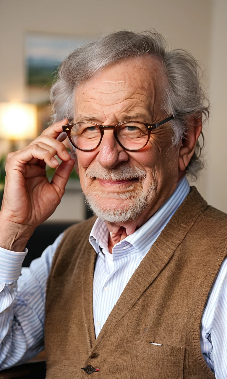 score_9, score_8_up, score_7_up, source_photo, (photography, realistic:1.2),1boy,spielberg,grey hair,glasses,solo,old,old man,brown vest,white collared shirt,upper_body,indoor