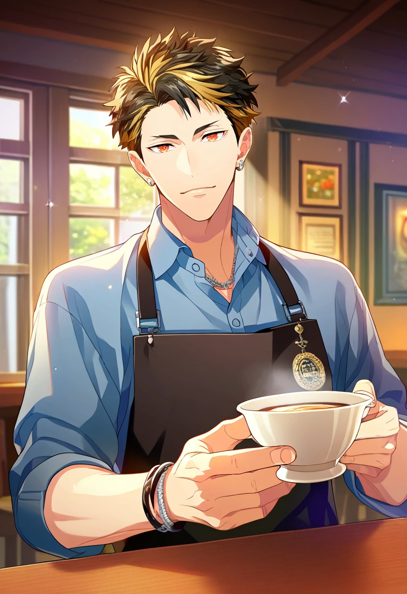 1boy, male focus, solo focus,
<lora:Character - Wind Boys - Reito Tsuji:1> reitotsuji, black hair, multicolored hair, red eyes, bracelet, necklace, ear piercing,
((zPDXL)), score_9_up, score_8_up, score_7_up, score_6_up, score_5_up, score_4_up, best quality, amazing quality, best aesthetic, absurdres, year2023, uncensored, nsfw, official art, official style, depth of field, detailed eye,
cafe, collared shirt, apron, looking at viewer, table, holding cup, pov across table,