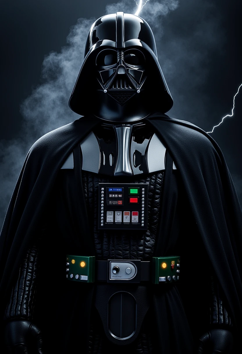 The image is a realistic photograph, dramatic style, showcasing Darth Vader, a character from the Star Wars franchise. Vader is depicted in his iconic black armor, with a menacing helmet that covers his head. Darth Vader his body is run through with electricity making his skeleton visible. His armor is sleek and glossy, with a high sheen that catches the light, creating a dramatic, almost supernatural aura. 