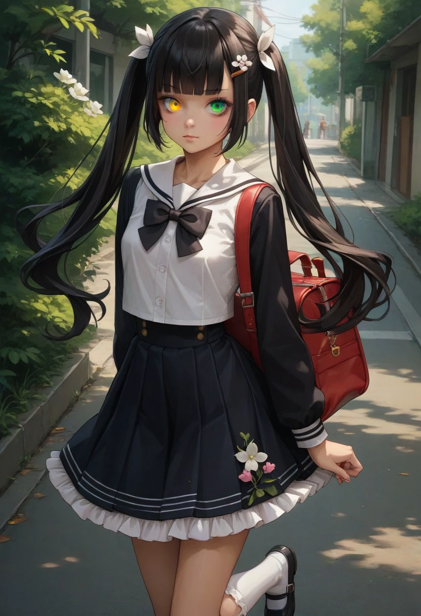 score_7, score_8_up, score_7_up, source_anime, 1girl, solo, looking at viewer, pinup pose, pin-up,
Azuma Komari, (petite:1.2),
very long hair, black hair, twintails, sidelocks, blunt bangs, small breasts, yellow eyes, green eyes, heterochromia,
hair flower, white flower, wing hair ornament, hairclip, hair ribbon
school uniform, white sailor collar, black bowtie, white shirt, long sleeves, animal bag, miniskirt, black skirt, suspender skirt, frilled skirt, white socks, frilled socks, mary janes, black footwear,