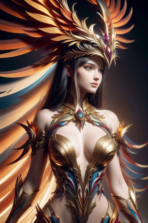 (high quality), (masterpiece), (detailed), 8K, Hyper-realistic portrait of a woman in stunning phoenix attire. (Intricate feathers1.2) adorn her shoulders, framing her face with vibrant (orange and gold hues1.2). (Glowing eyes1.3) captivate, mirroring the mythical bird's intensity. (Elegant pose1.2) showcases intricate (golden jewelry1.2) and (elaborate headdress1.2). Shot with Canon EOS R5 and Canon RF 85mm f1.2L USM lens.