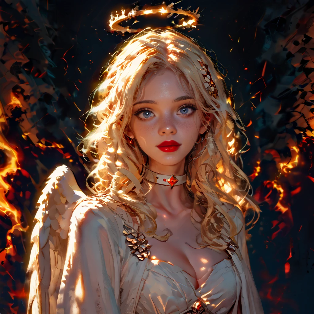 score_9, score_8_up, score_7_up, score_6_up, 1girl, angel, halo, beautiful face, cute, angel wings, long blonde hair, red lipstick, cleavage, white choker, half body, darkness, night, s1_dram