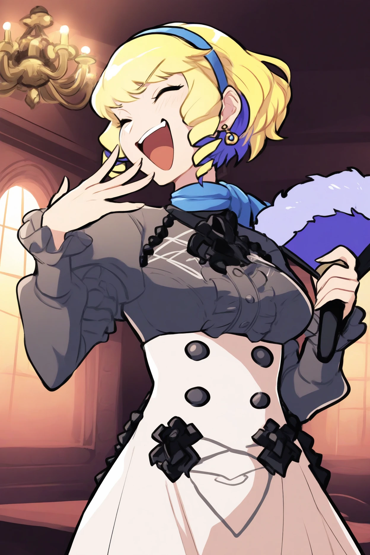 masterpiece, best quality, 1girl, solo,   <lora:feconstance-illu-nvwls-v1-000005:1> dfCon, blonde hair, blue hair, multicolored hair, short hair, blue hairband, earrings, black sleeves, black shirt, puffy sleeves, white skirt, high-waist skirt, medium breasts, looking at viewer, laughing, closed eyes, mansion, holding fan, happy, smug, chandelier, throwing head back