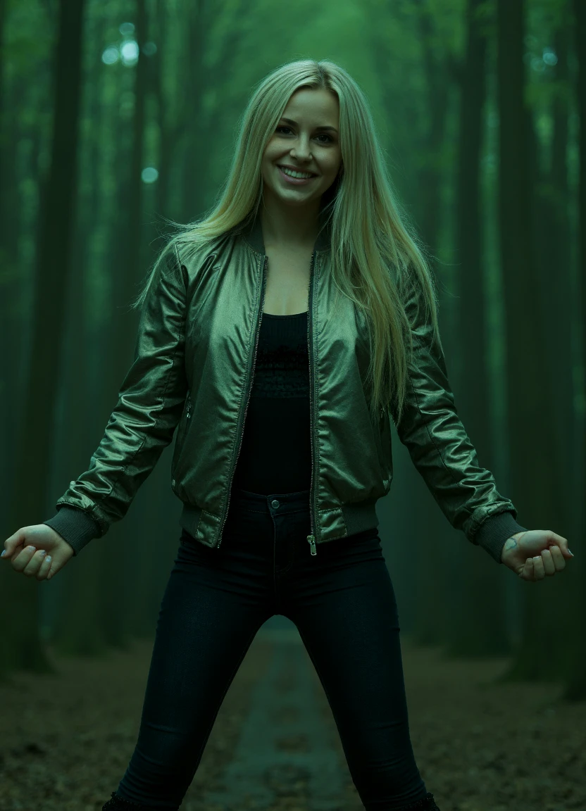 a close up photo of Lola with blonde hair. 
A triumphant smile spreads wide across her face, basking in victory.
The scene is illuminated by a soft, greenish hue, with smooth, even lighting that creates a tranquil, almost forest-like atmosphere. 
She’s in a metallic bomber jacket with skinny jeans and chunky boots, embracing a bold, urban look. 