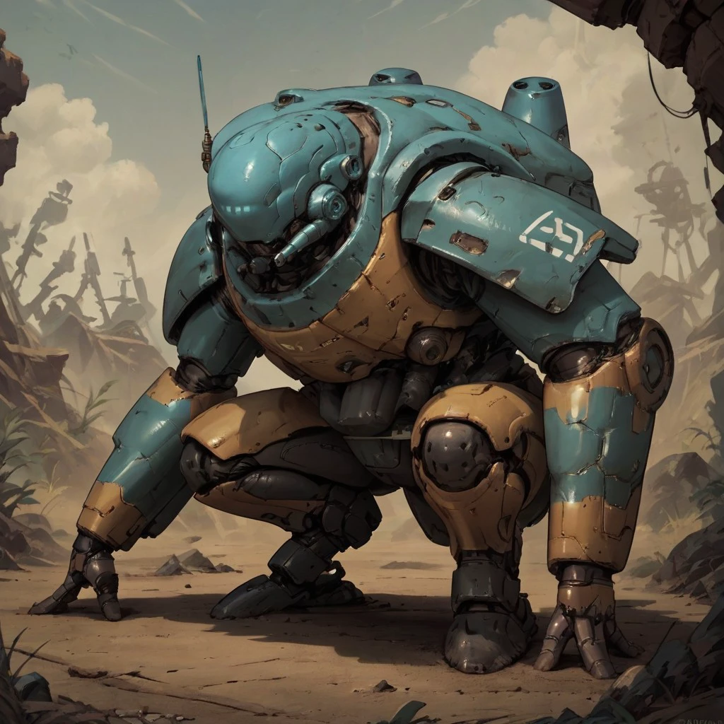 score_9,score_8_up,score_7_up, <lora:OldMech-000009:0.8>, OldMech,bipedal, squatting,realistic, blue hull