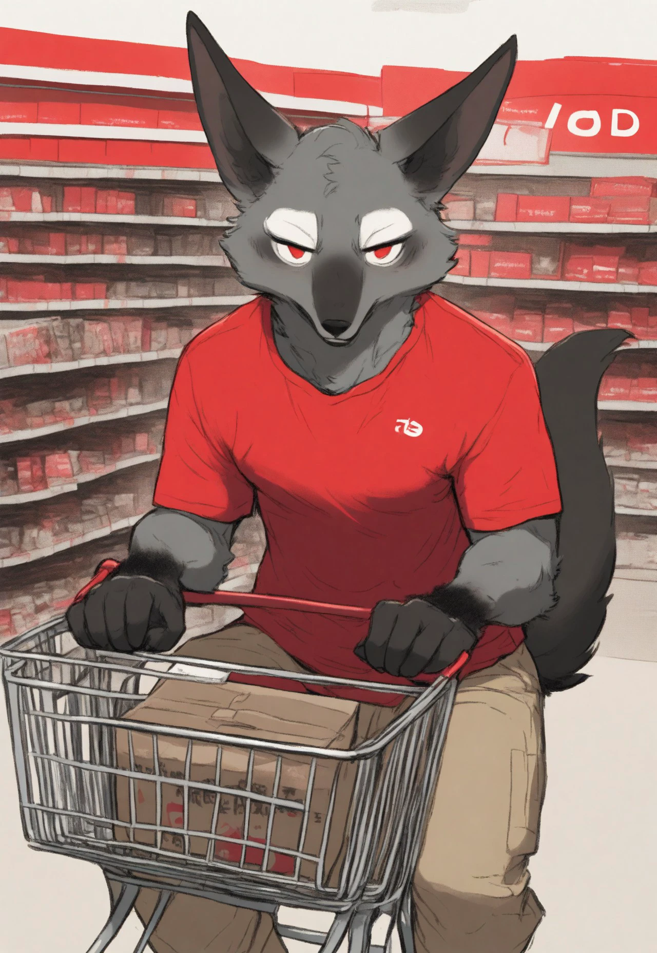 r3dsh1rtd3m0n, A (furry fox male:1.3) wearing a (red crew neck shirt:1.4) and (khaki pants:1.2), joyfully riding in a (shopping cart:1.3) outside a (red dot retail box store:1.4), surrounded by a (red aesthetic:1.5), capturing the essence of the line "I rode the city in a shopping cart, a pack of camels and a smoke alarm," vibrant colors, playful mood, urban setting