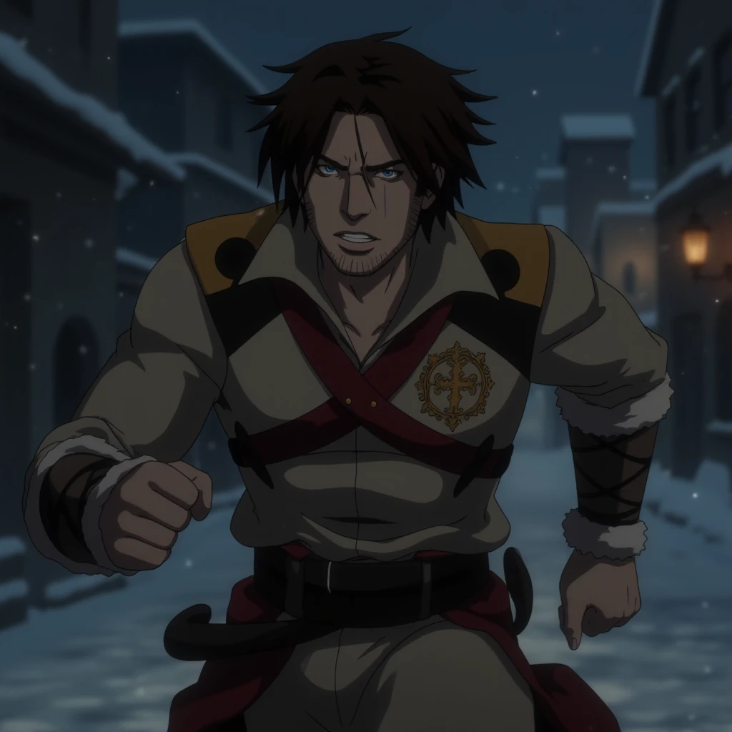 <lora:trevor_v2 (GPT settings test):1.3>, Trevor Belmont is captured mid-stride in partial profile, running with intense focus, framed from the waist up as he moves swiftly through the scene. His mouth slightly open as he exerts himself. His dark brown hair flows backward, accentuating his speed. Trevor is wearing his signature beige tunic with upturned collar, with the Belmont family crestâa golden cross with an ornate surrounding patternâdisplayed on his chest. Fur-lined bracers are worn over his sleeves, which are fully extended, wrapping tightly around his forearms. The dark red harness crosses his chest, secured tightly around his torso. The composition emphasizes his movement and urgency as he runs through the streets of an old town at night, with dark, cold tones and snow in the air and on the ground, creating a tense and mystical atmosphere.