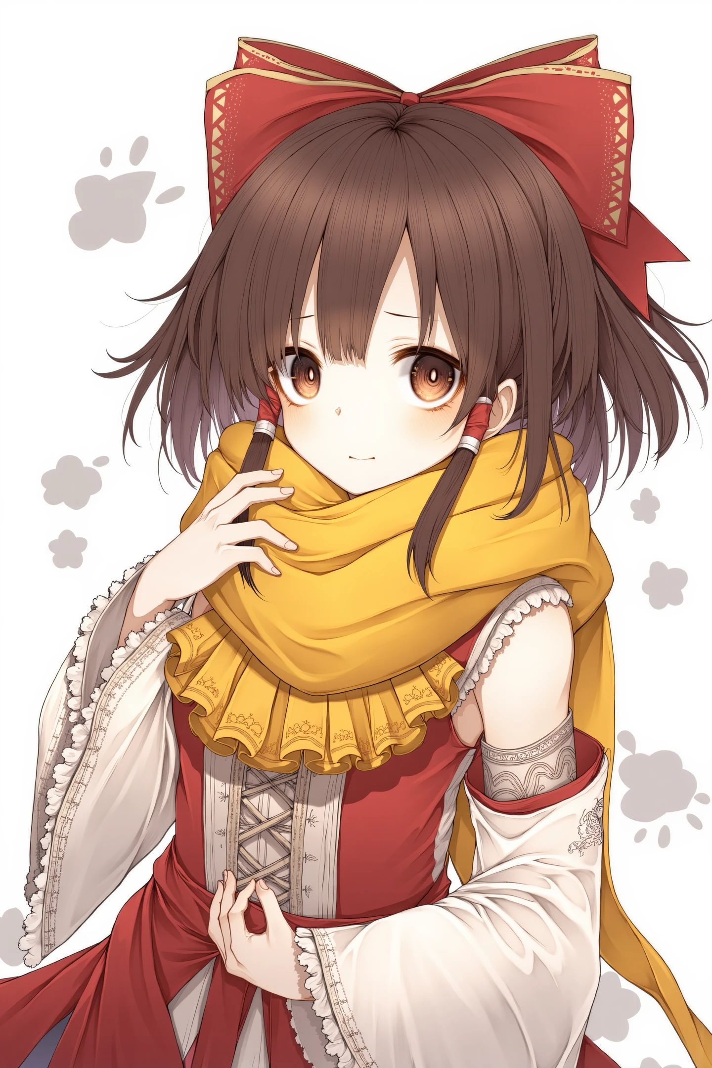 1girl,hakurei reimu,solo,bow,red bow,hair bow,brown hair,scarf,hair tubes,brown eyes,looking at viewer,detached sleeves,holding,wide sleeves,closed mouth,yellow scarf,sidelocks,yellow ascot,upper body,gohei,frills,
<lora:Hito komoru_FLUX:1>,