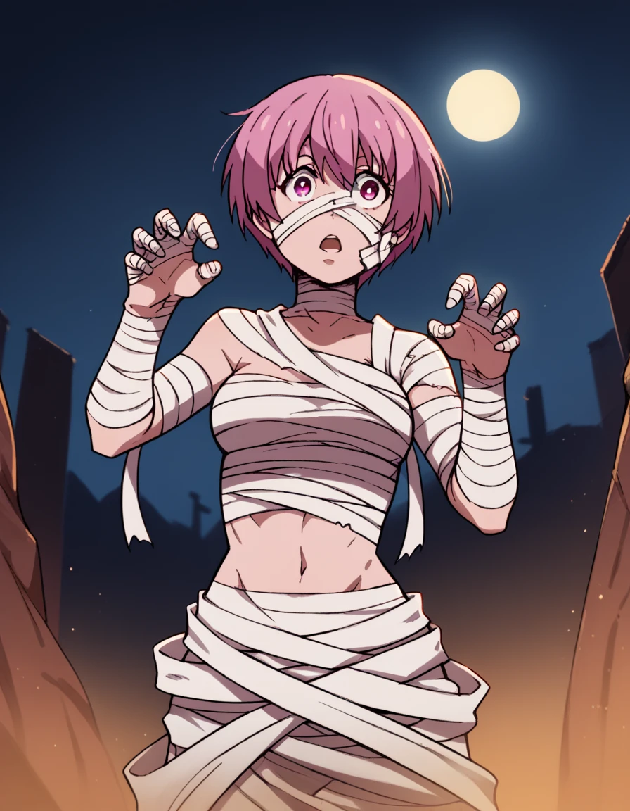 score_9, score_8_up, score_7_up, source_anime, <lora:inca-kasugatani-s2-ponyxl-lora-nochekaiser:1>, inca kasugatani, short hair, pink hair, pink eyes, medium breasts,, <lora:mummy-costume-ponyxl-lora-nochekaiser:1>, mummy costume, bandages, halloween costume, bandaged arm, zombie pose, bandage on face,, desert, moon, night, open mouth, , dutch angle, cowboy shot