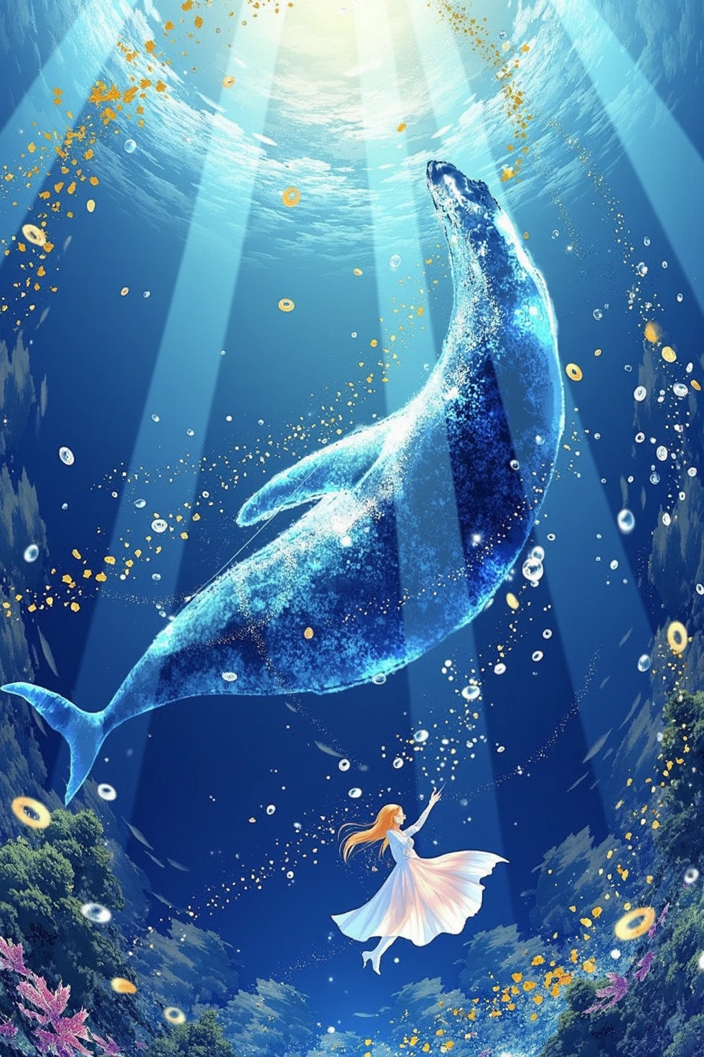 fantastical digital artwork in the abstract anime style. The scene depicts a serene underwater environment with an ethereal, wearing a flowing, featuring a surreal, slightly iridescent surface. Its mouth is open, glowing appearances. The mermaid, ethereal setting. The girl, evoking a sense of magic and wonder. The sky is a deep blue, with fluffy, surrounded by swirling bubbles and golden sparks. The whale appears to be diving down
,  <lora:makinaflux_bluedream_v1.0:1>