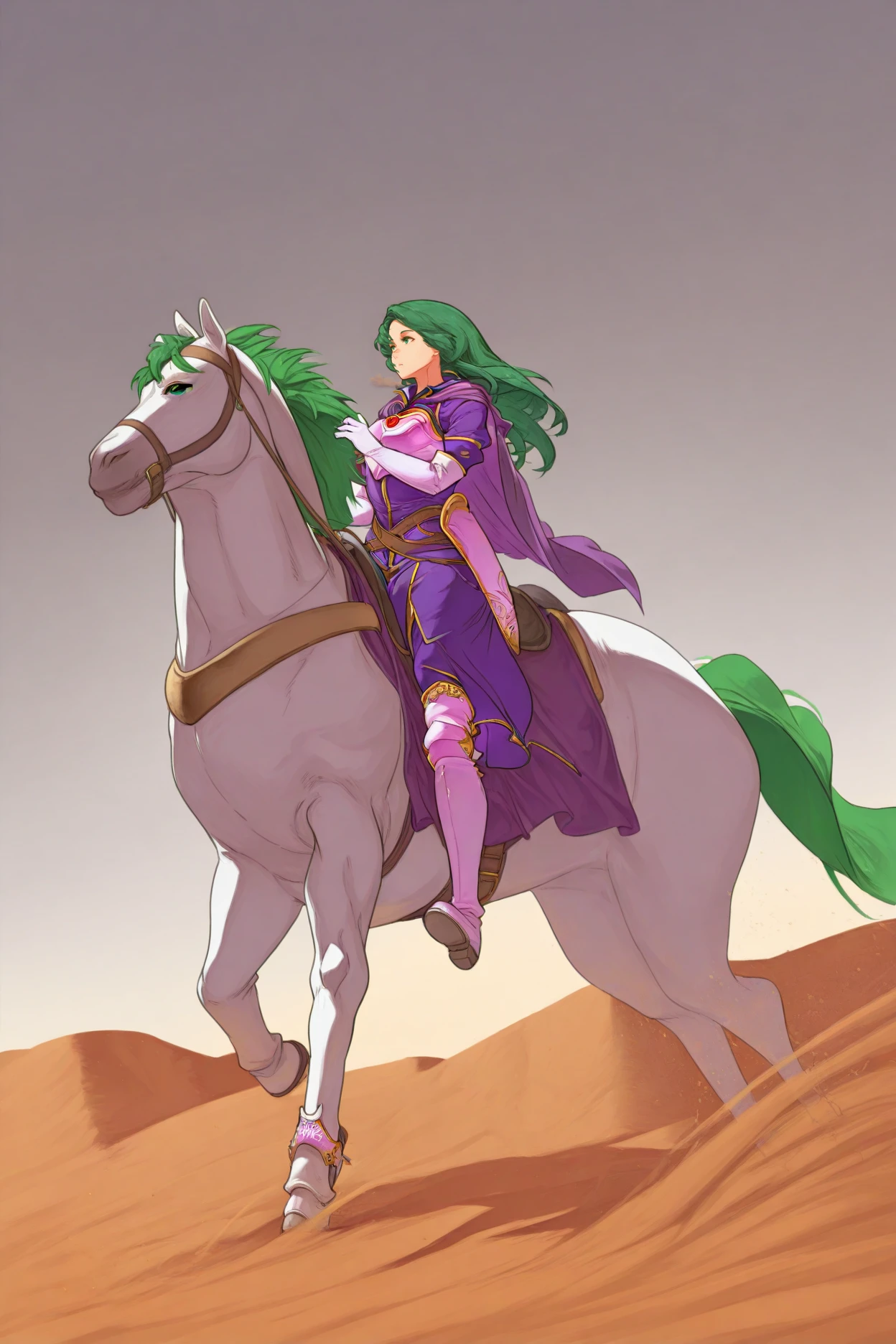 masterpiece, best quality, 1girl, solo, <lora:fececilia-illu-nvwls-v1-000005:1> dfCla, green hair, green eyes, purple cape, brooch, armored dress, purple dress, elbow gloves, white gloves, belt, white boots, desert, walking, riding horse, white horse, from side, wide shot, grey sky, sandstorm, full body