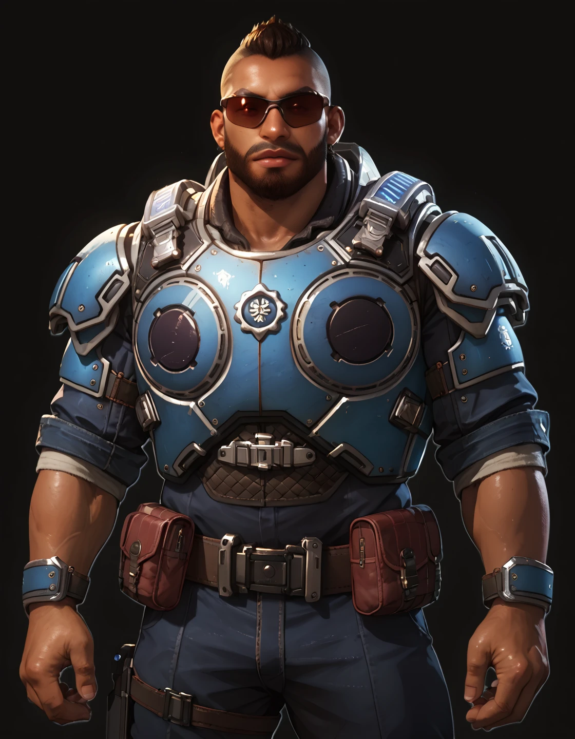 <lora:Fahz_Chutani_Pony_XL:0.95> fahz_chutani, muscular, short hair, sunglasses, armor, long pants, standing, looking at viewer, dark skin, chubby, simple background, beard, bara, animification, score_9, score_8_up, score_7_up, score_6_up,