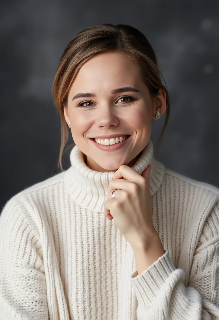 A professional portrait photo of darjadugina, a woman. She is smiling, showing her teeth. She is wearing a white knit turtleneck sweater. The background is blurry and shows a dark gray professional photo studio canvas.